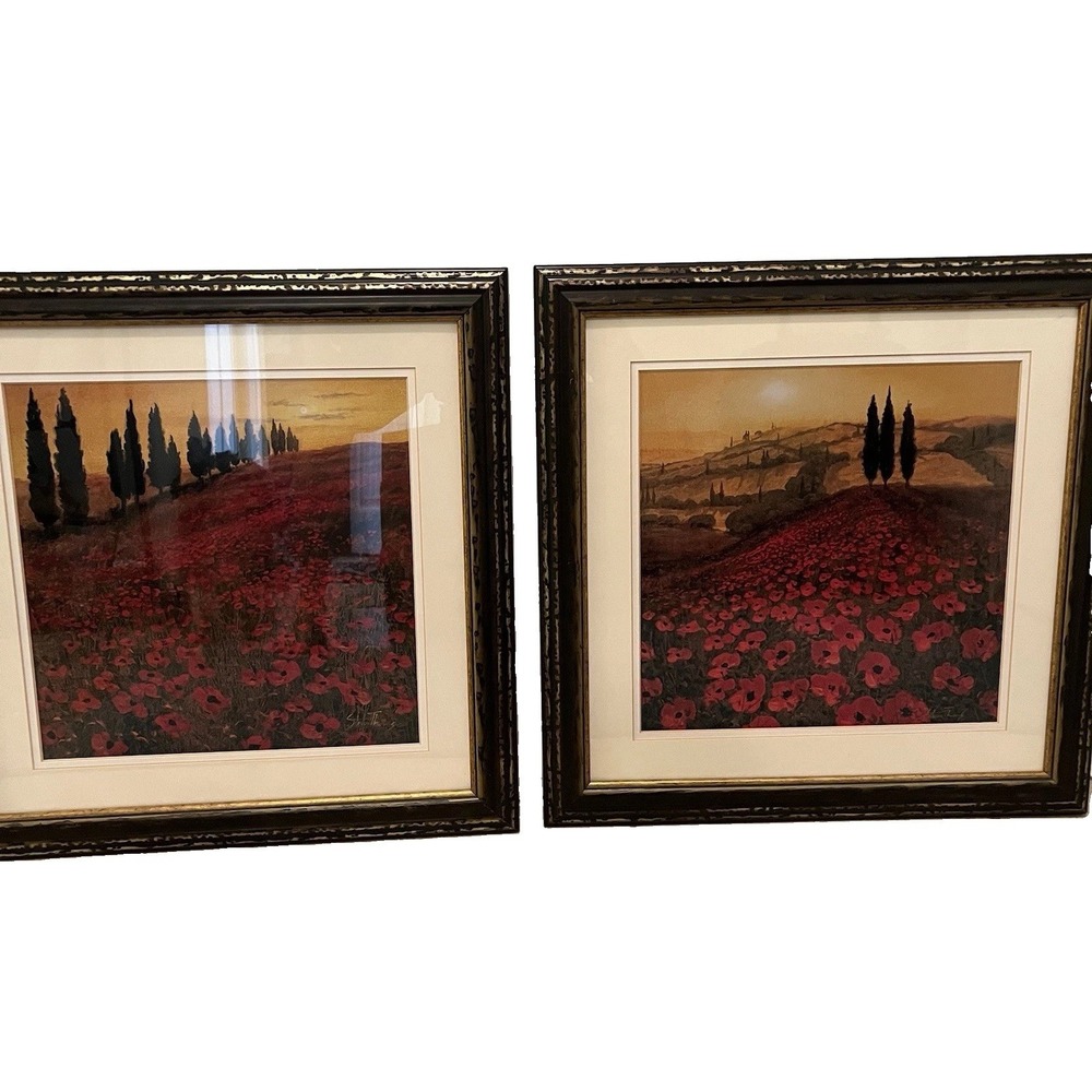 Poppy Field Framed Print Steve Thoms Tuscan Landscape 18x18" Rustic Frame Set 2